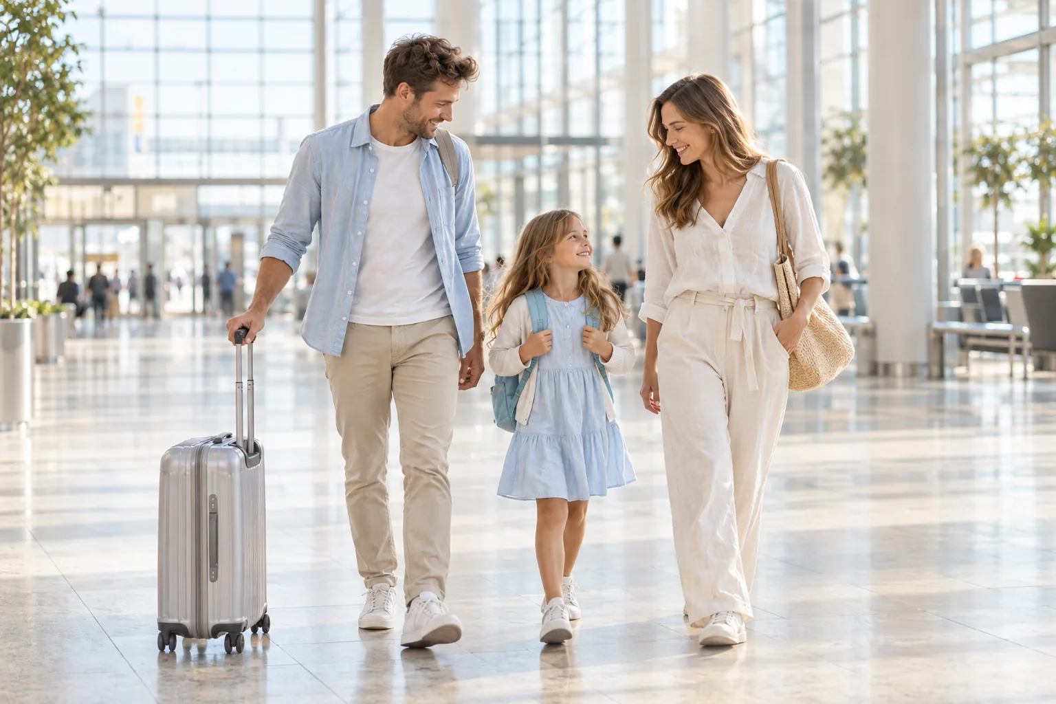 Family with luggage walking through the BER terminal