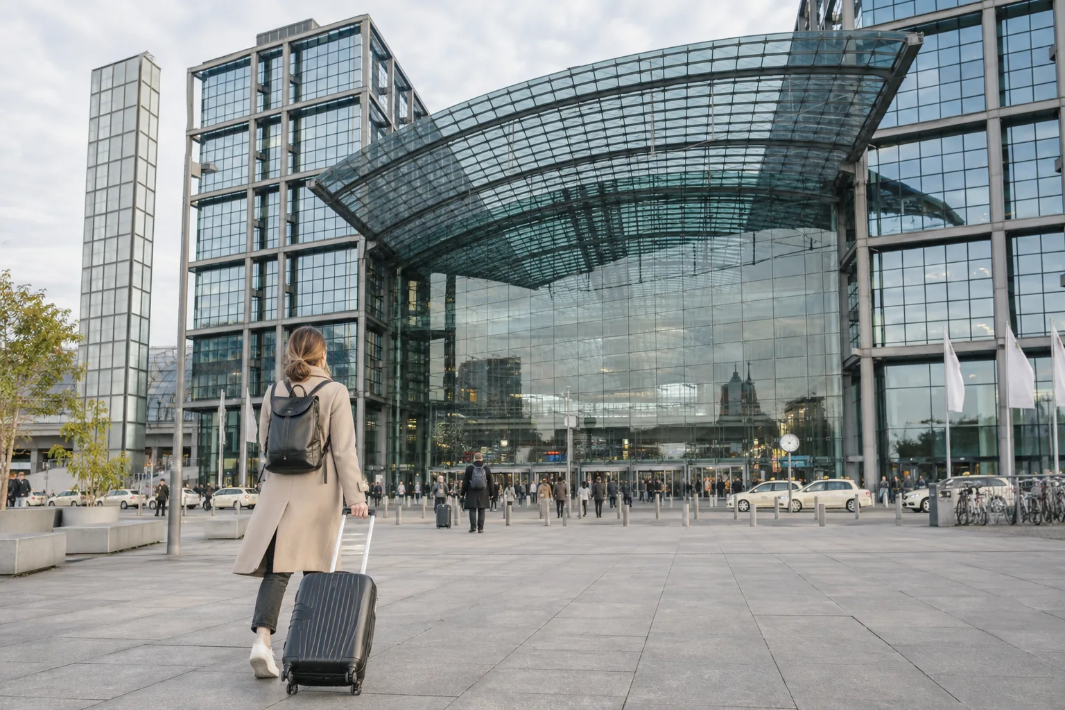 The glass facade of Berlin Central Station with a traveller in front of it
