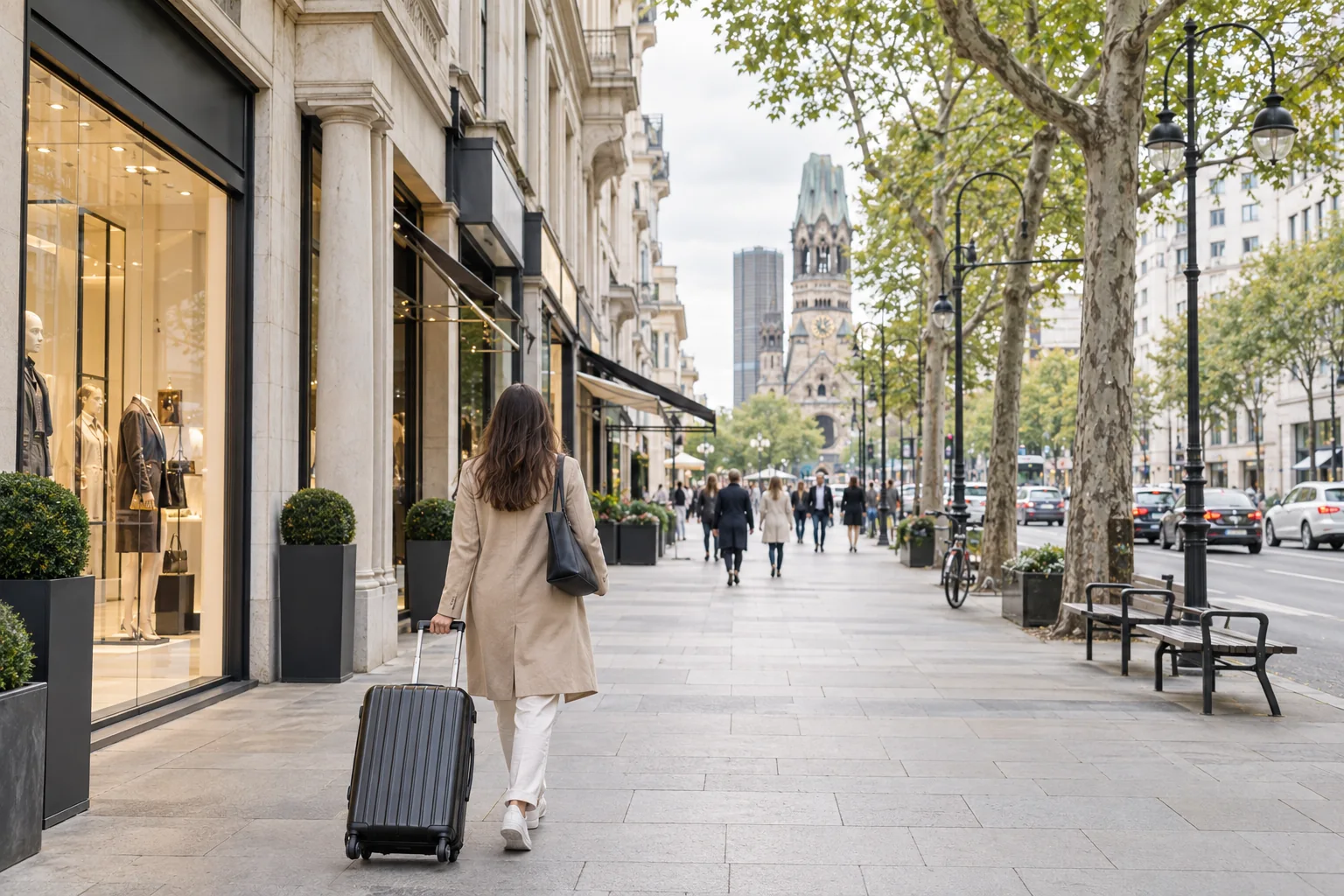 Shopping street on Kurfürstendamm with pedestrians and the Memorial Church