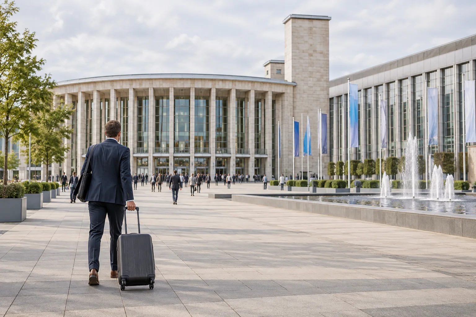 Traveller with a roller case in front of the Messe Berlin entrance halls