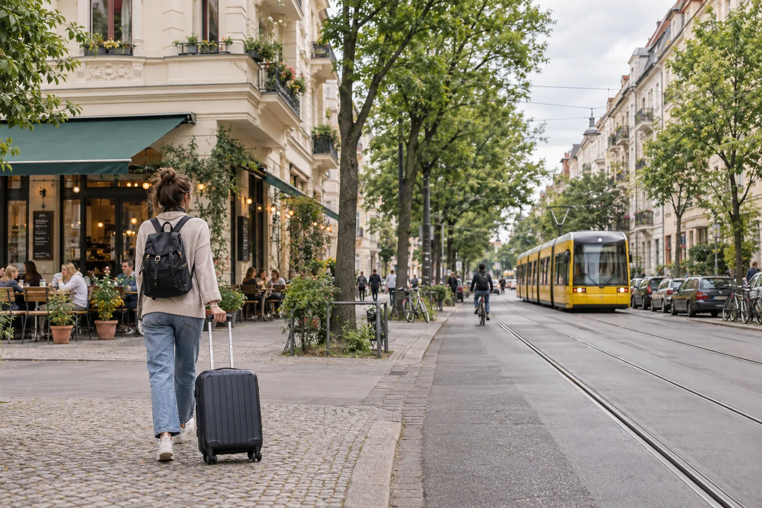 Tree-lined street in Prenzlauer Berg with a tram and travellers